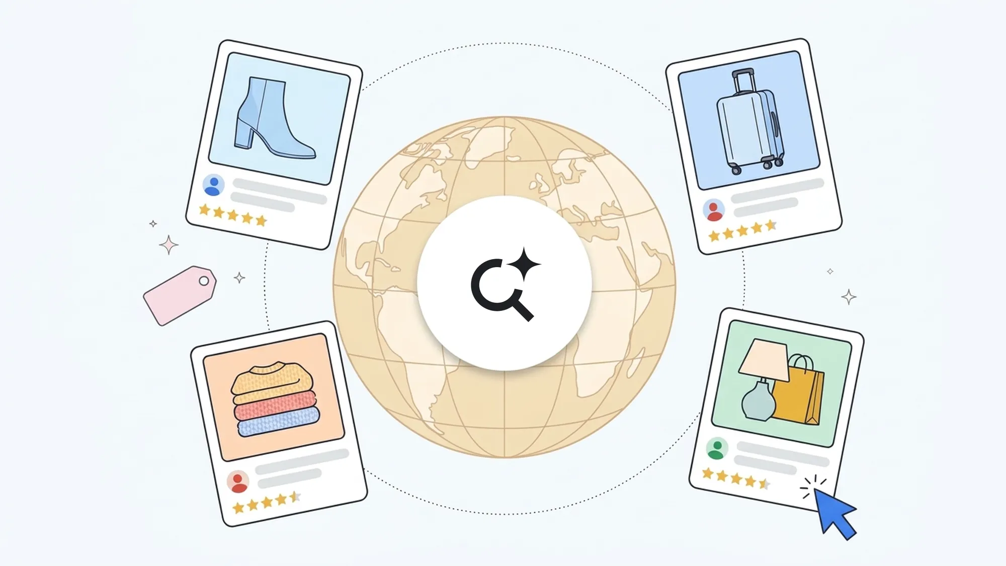 Illustration of shopping product cards around a globe with the Google AI Mode icon