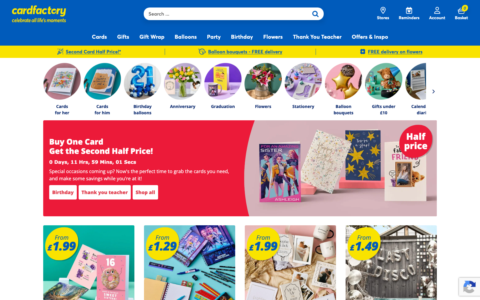 Card Factory homepage captured 2026-07-21 for the Greeting Cards 2026 industry analysis.