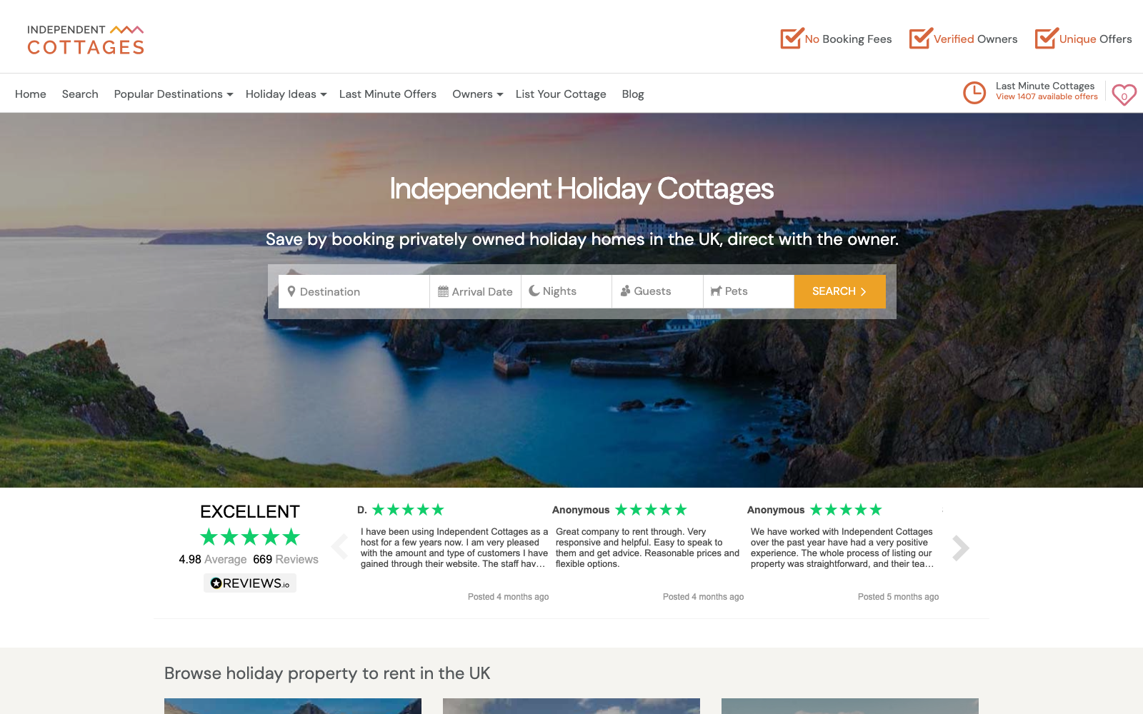 Independent Cottages homepage captured 2026-08-10 for the Holiday Cottages 2026 industry analysis.