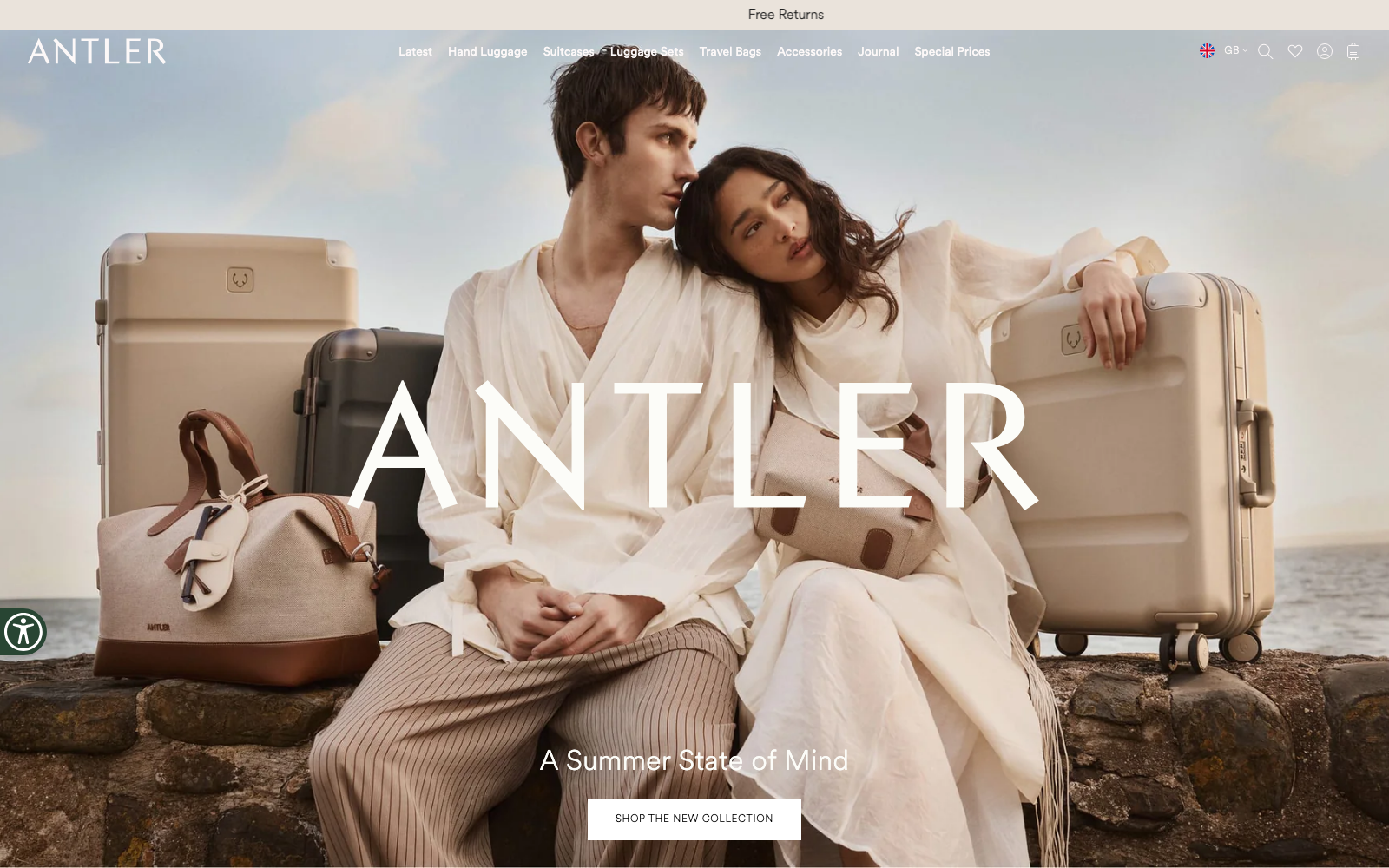 Antler homepage captured 2026-05-31 for the Luggage & Travel Accessories 2026 industry analysis.