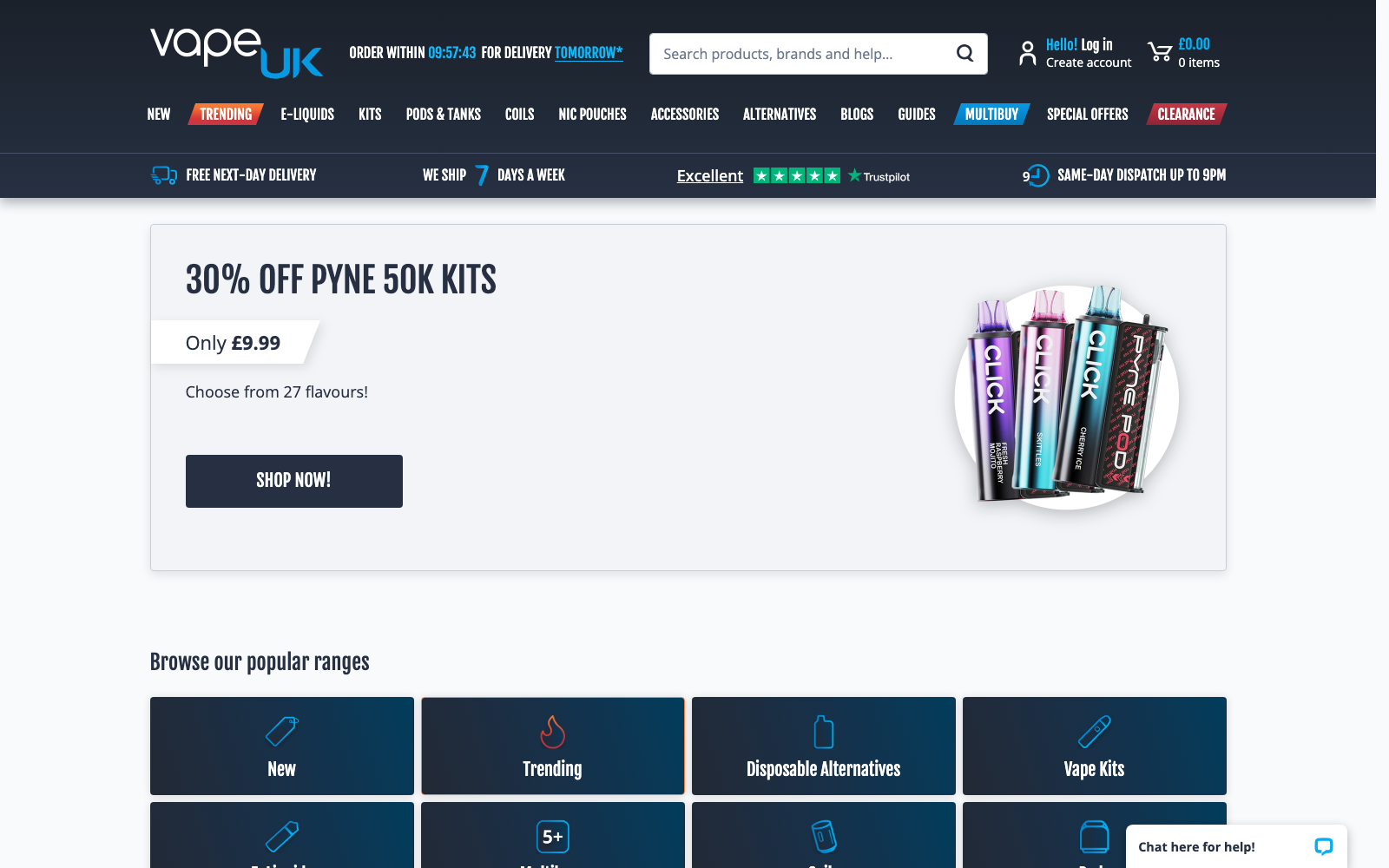 Vape UK homepage captured 2026-06-01 for the Nicotine Products 2026 industry analysis.