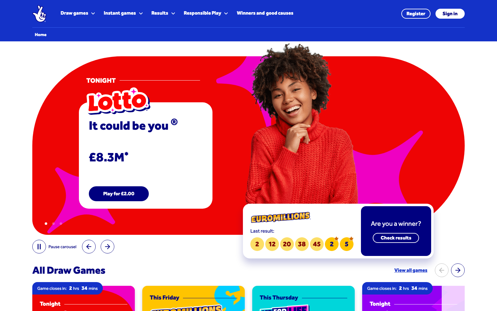National Lottery homepage captured 2026-05-20 for the Online Betting 2026 industry analysis.