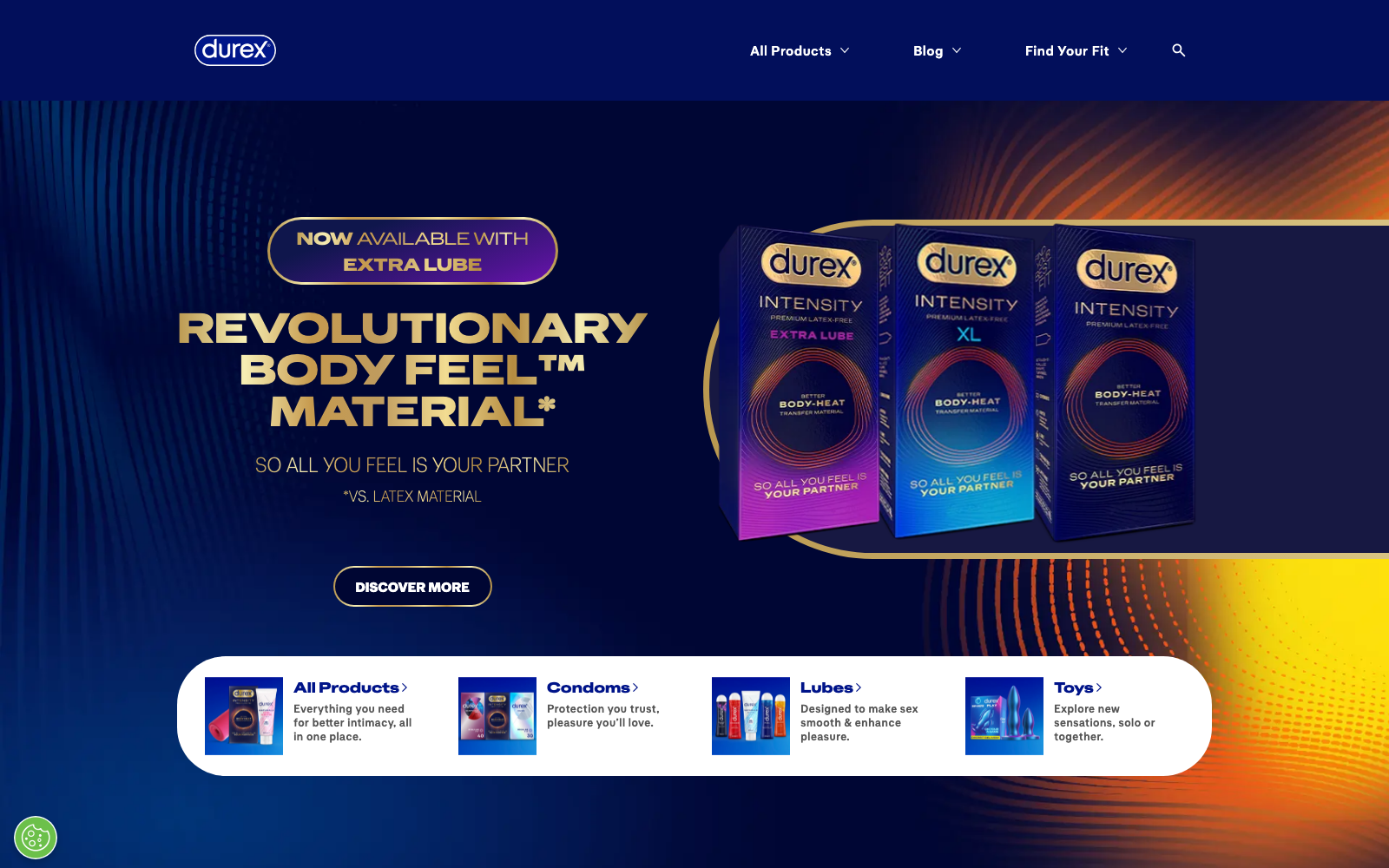 Durex homepage captured 2026-08-03 for the Sexual Wellness 2026 industry analysis.