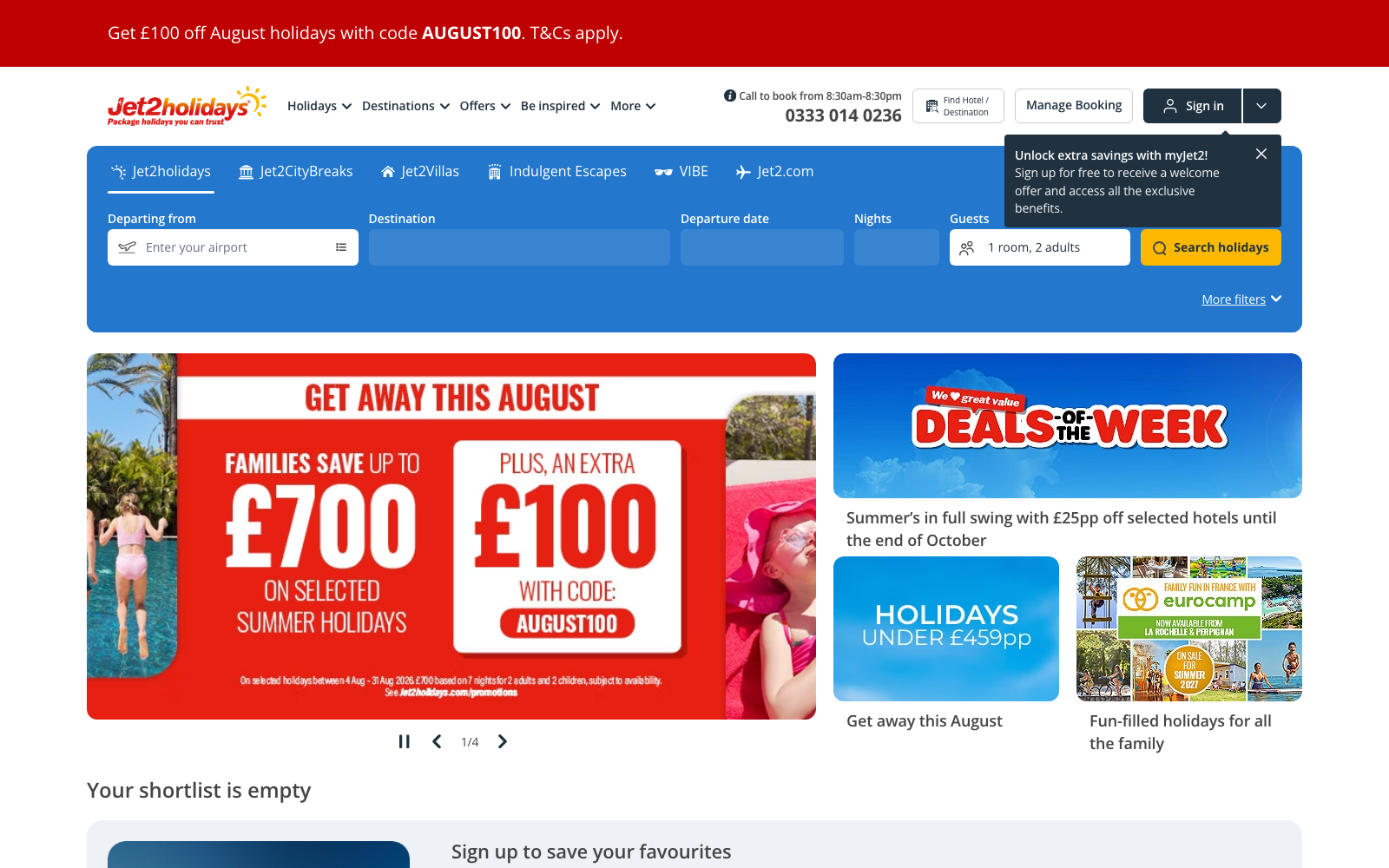 Jet2holidays homepage captured 2026-08-10 for the Travel Booking Engines 2026 industry analysis.