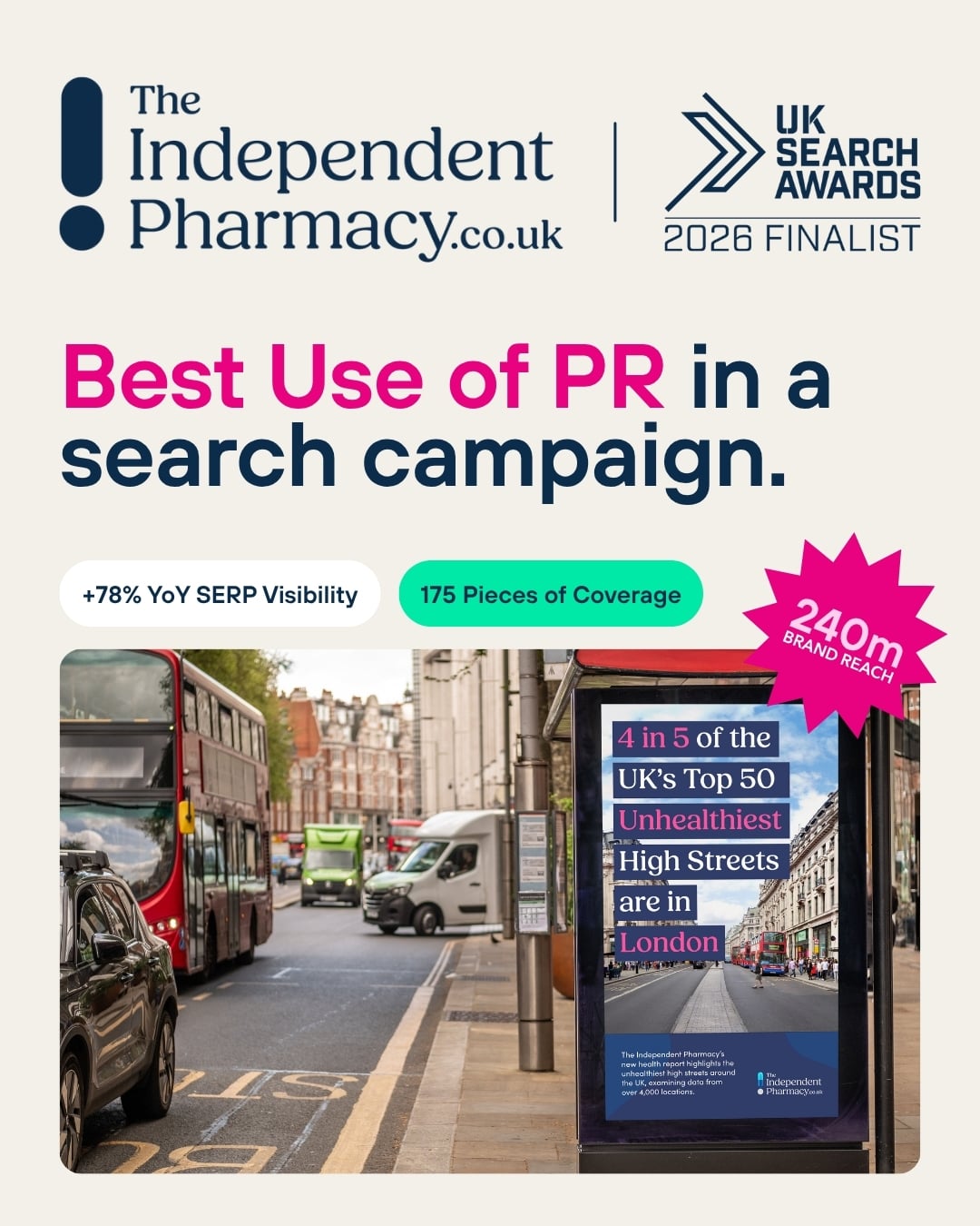 UK Search Awards 2026 finalist: The Independent Pharmacy, Best Use of PR in a search campaign. 175 pieces of coverage.